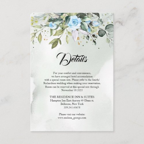 Dusty blue floral and eucalyptus and gold frame enclosure card