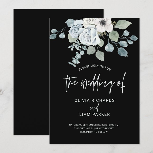 Dusty Blue Floral and Eucalyptus on Black Wedding Invitation (Front/Back)