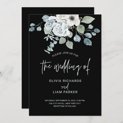 Dusty Blue Floral and Eucalyptus on Black Wedding Invitation