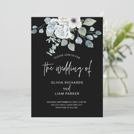 Dusty Blue Floral and Eucalyptus on Black Wedding Invitation | Zazzle