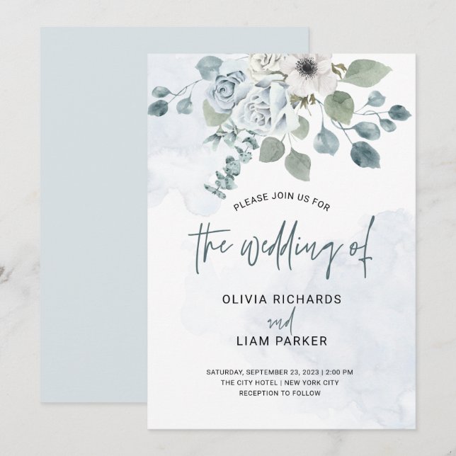 Dusty Blue Floral and Eucalyptus Wedding Invitation (Front/Back)