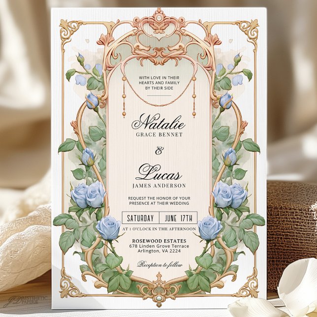 Dusty Blue Floral and Gold Wedding Invitation  (Creator Uploaded)