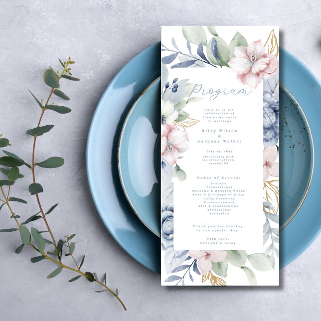 Dusty Blue Floral and Greenery Wedding Program (Creator Uploaded)