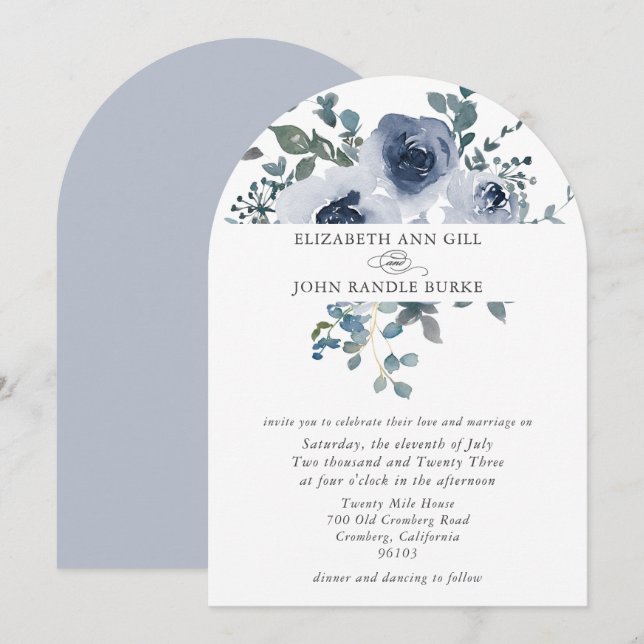 Dusty Blue Floral and Grey Arch Wedding Invitation (Front/Back)