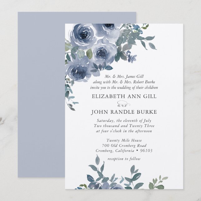 Dusty Blue Floral and Grey Formal Wedding Invite (Front/Back)