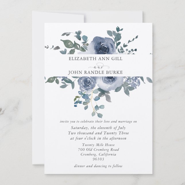 Dusty Blue Floral and Grey Wedding Invitation (Front)