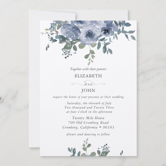 Dusty Blue Floral and Grey Wedding Invitation (Front)