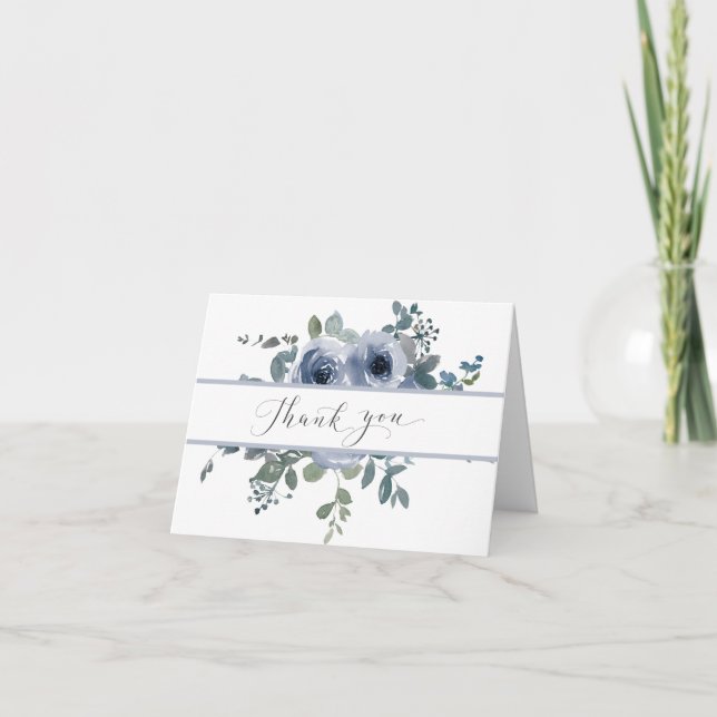Dusty Blue Floral and Grey Wedding Thank You Card (Front)