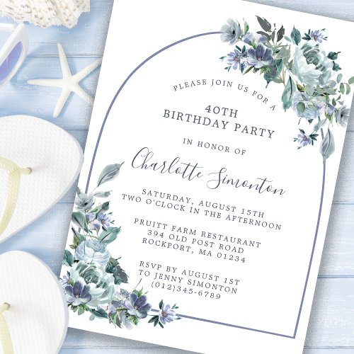 Dusty Blue Floral Arch 40th Birthday Invitation