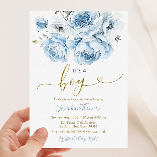 Dusty Blue Floral arch Its a Boy Baby Shower Invitation