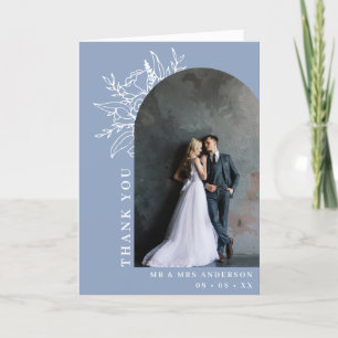 Dusty Blue Floral Arch Photo Wedding Folded Letterpress Thank You Card