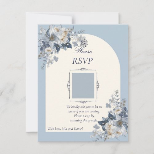 Dusty Blue Floral Arch QR Code Wedding RSVP Card