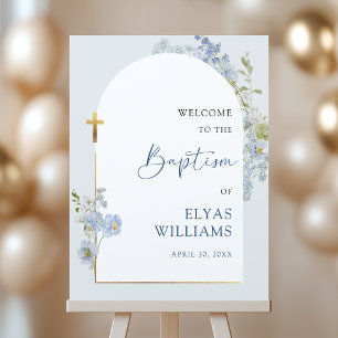 Dusty Blue Floral Arched Boy Baptism Welcome Sign