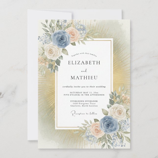 Dusty Blue Floral Arrangement Wedding Invitation (Front)