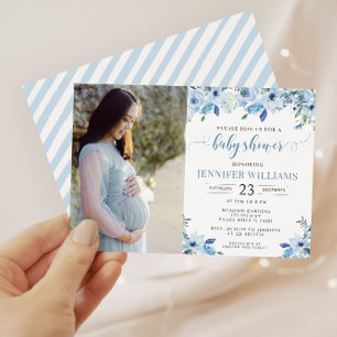 Dusty blue floral baby boy shower photo invitation