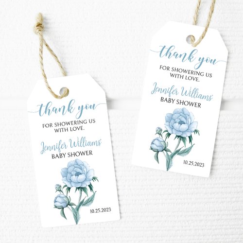 Dusty blue floral baby boy shower thank you tags