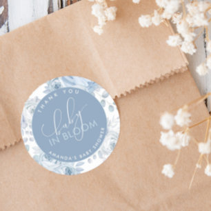 Dusty Blue Floral Baby in Bloom Baby Shower Classic Round Sticker