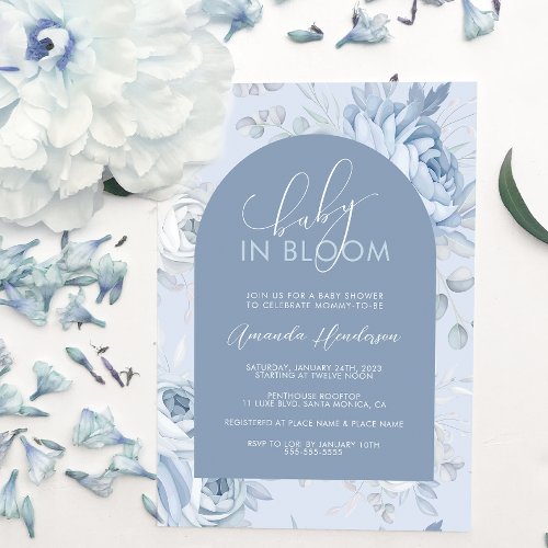 Dusty Blue Floral Baby in Bloom Baby Shower Invitation