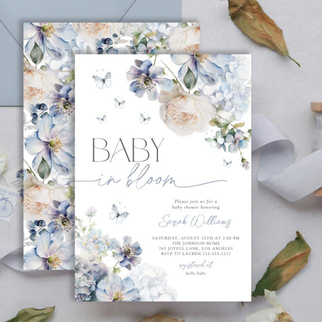 Dusty Blue Floral Baby in Bloom Baby Shower Invitation (Creator Uploaded)