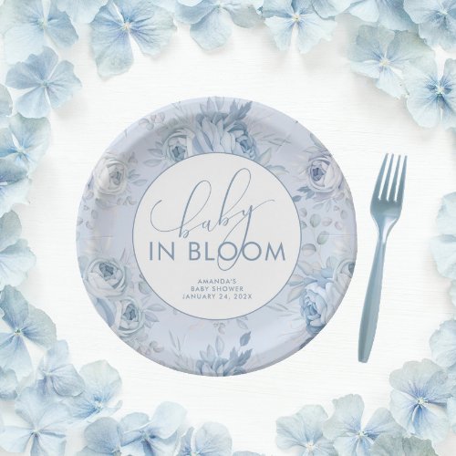Dusty Blue Floral Baby in Bloom Baby Shower Paper Plates