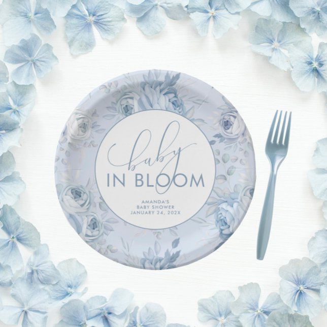 Dusty Blue Floral Baby in Bloom Baby Shower Paper Plates (Creator Uploaded)