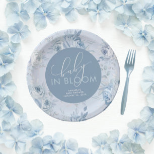 Dusty Blue Floral Baby in Bloom Baby Shower Paper Plates