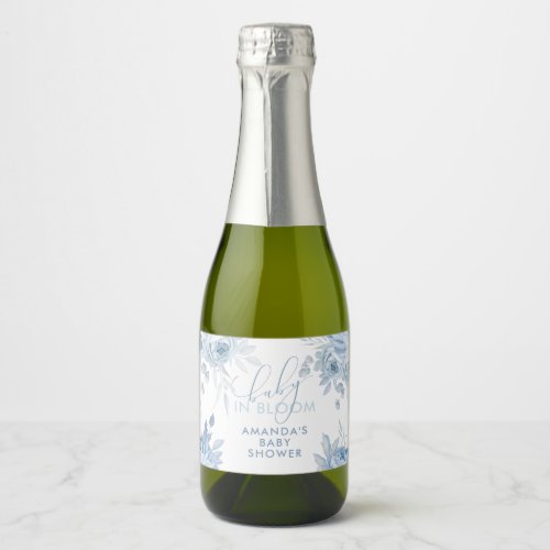 Dusty Blue Floral Baby in Bloom Baby Shower Sparkling Wine Label