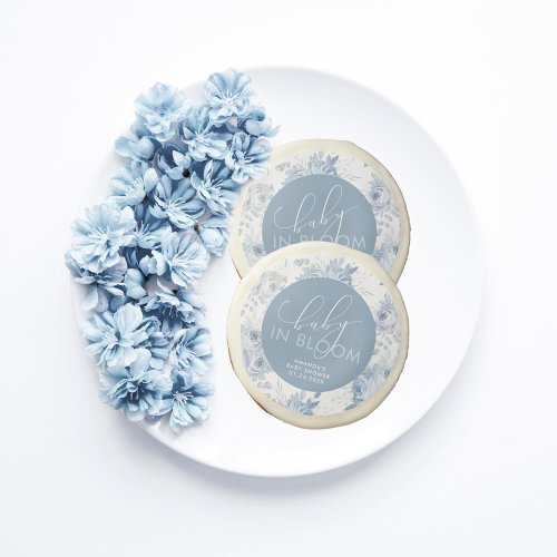 Dusty Blue Floral Baby in Bloom Baby Shower Sugar Cookie