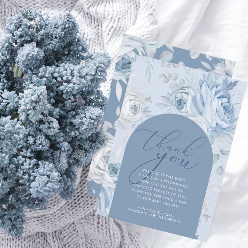 Dusty Blue Floral Baby in Bloom Baby Shower Thank You Card