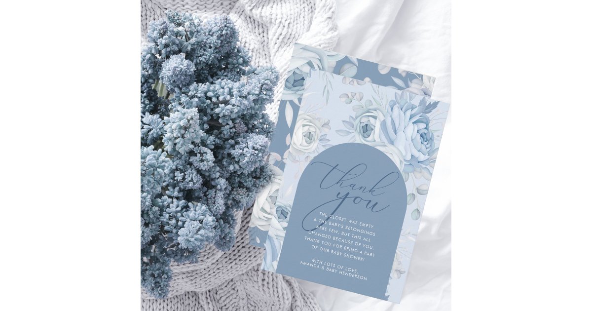 Dusty Blue Floral Baby in Bloom Baby Shower Thank You Card | Zazzle