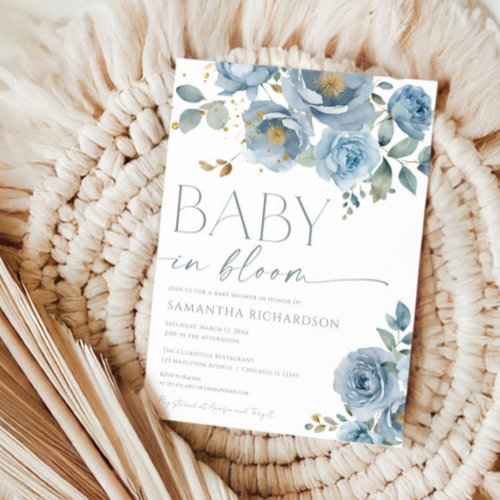 Dusty blue floral Baby in Bloom boy baby shower