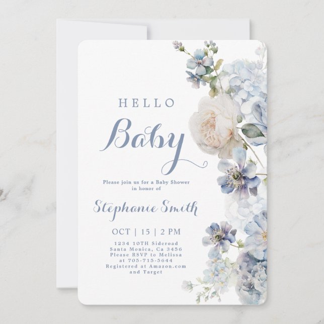 Dusty Blue Floral Baby Shower Boy Invitation (Front)