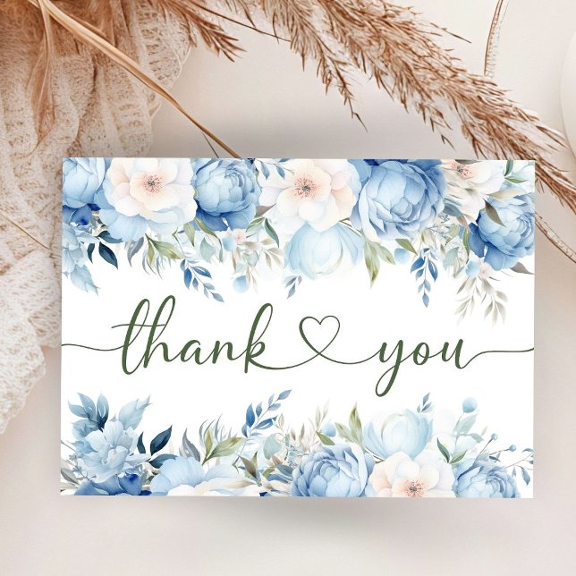 Dusty Blue Floral Baby Shower Flat Thank You Card (Creator Uploaded)