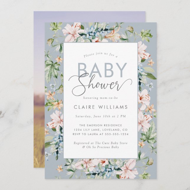 Dusty Blue Floral Baby Shower Invitation (Front/Back)