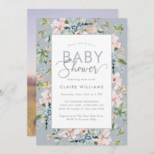 Dusty Blue Floral Baby Shower Invitation