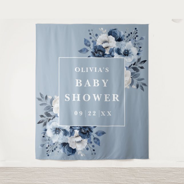 Dusty Blue Floral Baby Shower Photo Backdrop (Front)