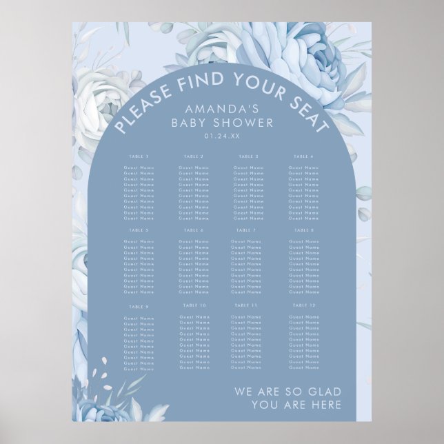 Dusty Blue Floral Baby Shower Seating Chart (Front)