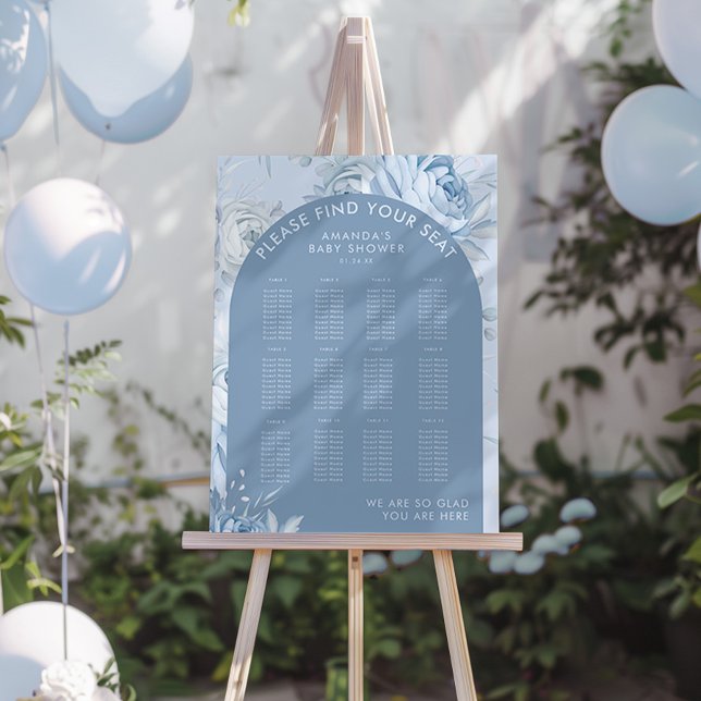Dusty Blue Floral Baby Shower Seating Chart Foam Board (Dusty Blue Floral Baby Shower Seating Chart)