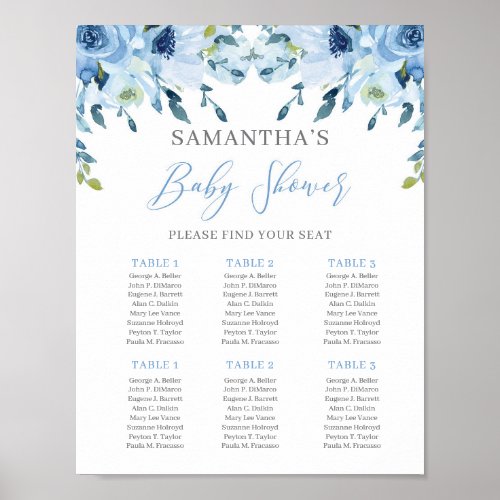 Dusty Blue Floral Baby Shower Seating Chart Sign