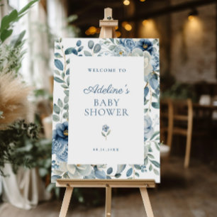 Dusty Blue Floral Baby Shower Welcome Sign