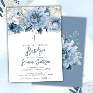 Dusty Blue Floral Baptism Invitation