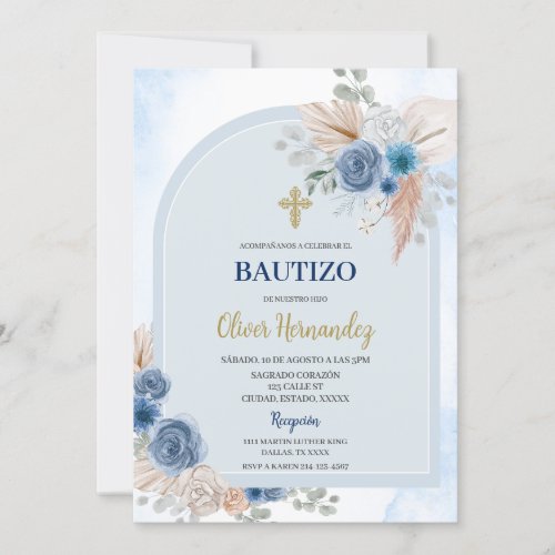 Dusty Blue Floral Bautizo Spanish Invitation