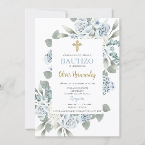 Dusty Blue Floral Bautizo Spanish Invitation