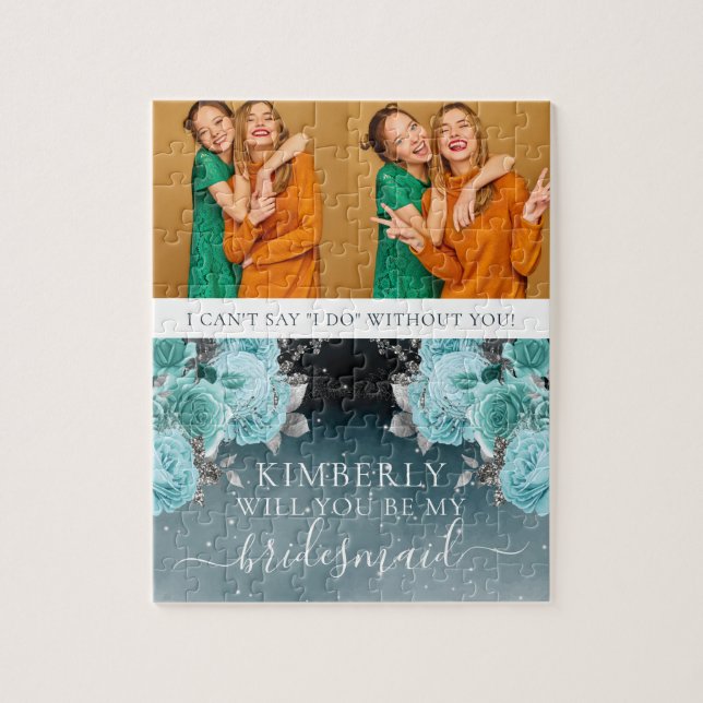 Dusty Blue Floral Be My Bridesmaid Photo Jigsaw Puzzle (Vertical)