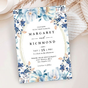 Dusty Blue Floral Berry Christmas Winter Wedding  Invitation