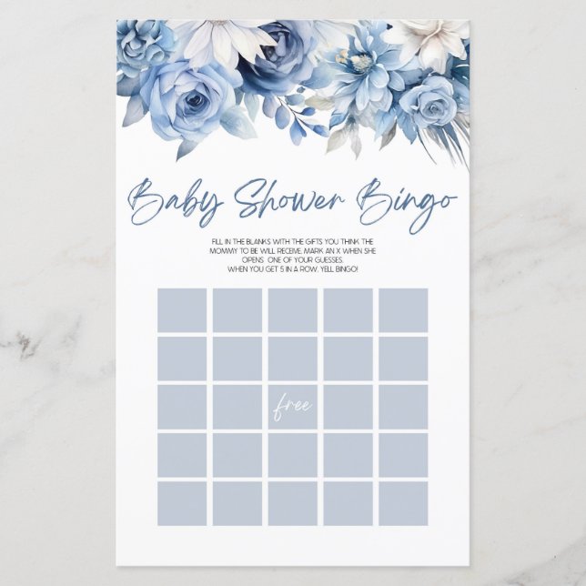 Dusty Blue Floral Bingo Baby Shower Game (Front)