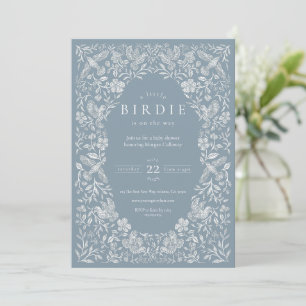 Dusty Blue Floral Birdie Baby Shower Invitation