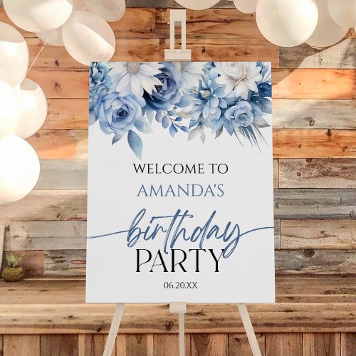 Dusty Blue Floral Birthday Party Welcome Sign