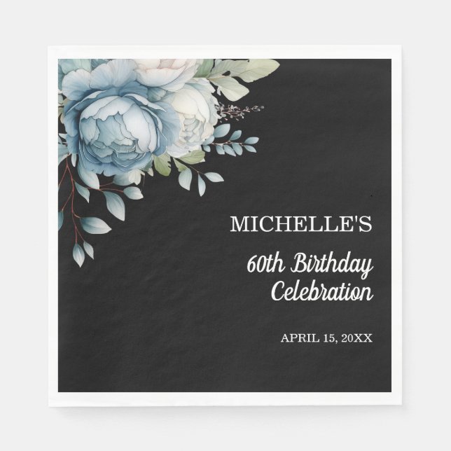 Dusty Blue Floral Black 60th Birthday Napkins (Front)