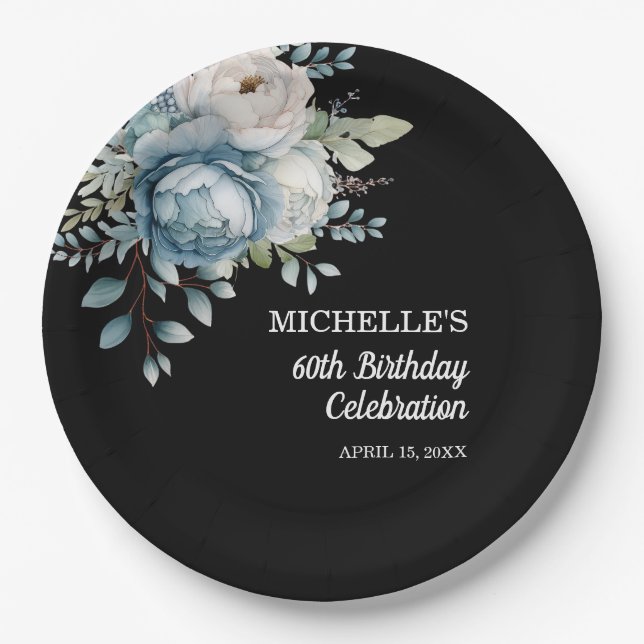 Dusty Blue Floral Black 60th Birthday Paper Plates (Front)